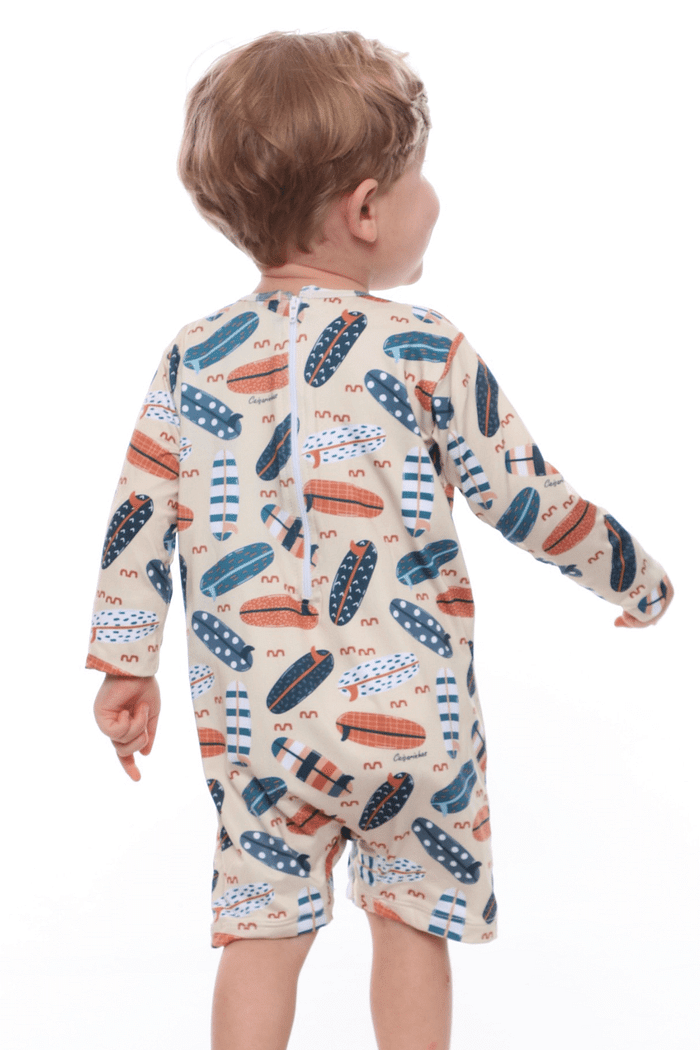 Macacão Praia Bebê Proteção Solar UV 50+ Manga Longa Bege Pranchinhas