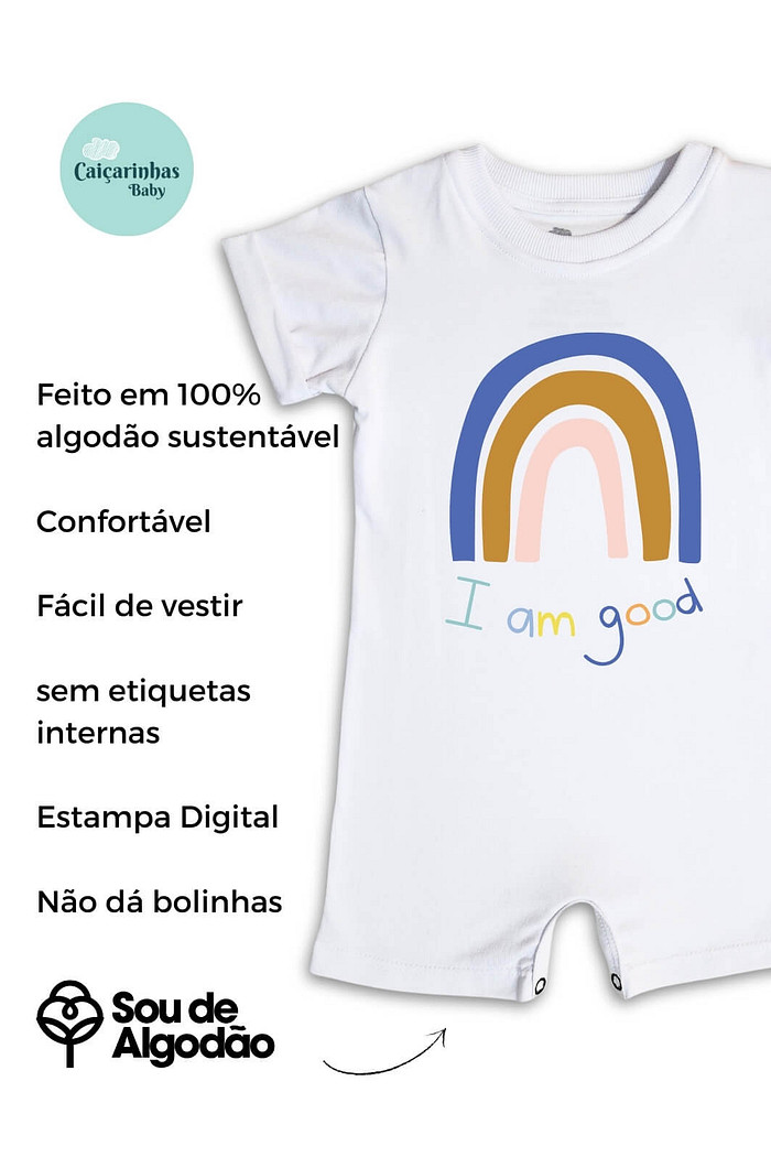 Macacão Bebê Curto Algodão Sustentável Branco I am Good