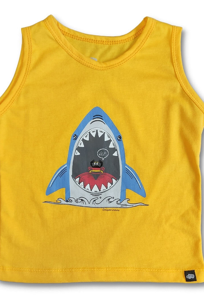Camiseta Infantil Regata Algodão Sustentável Exclusiva Amarelo Tubarão