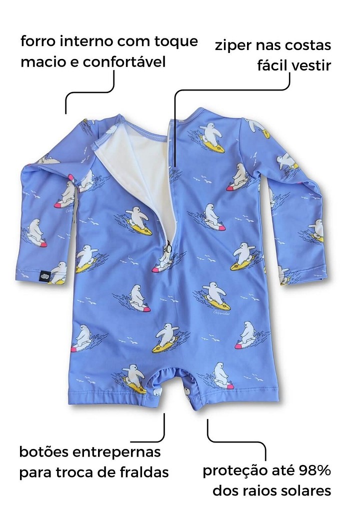 Macacão Praia Bebê Proteção Solar UV 50+ Manga Longa Roxo Urso
