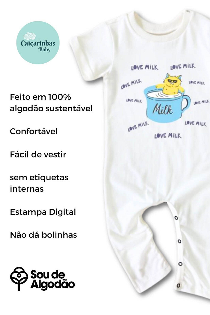 Macacão Bebê Longo Manga Curta Off White Love Milk
