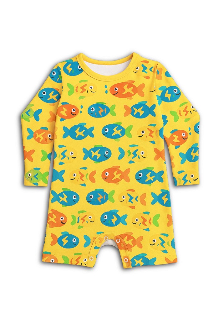 Macacão Praia Bebê Proteção Solar UV 50+ Manga Longa Amarelo Peixinhos