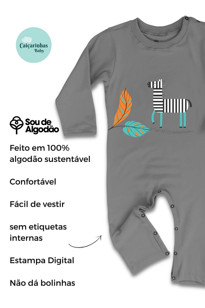 Macacão Bebê Longo Manga Longa Algodão Sustentável Confortável Cinza Chumbo Zebra