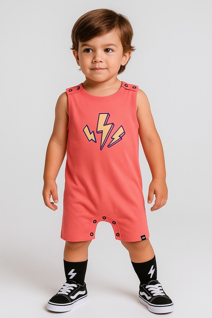 Macacão Bebê Regata Curto Laranja Muita Energia