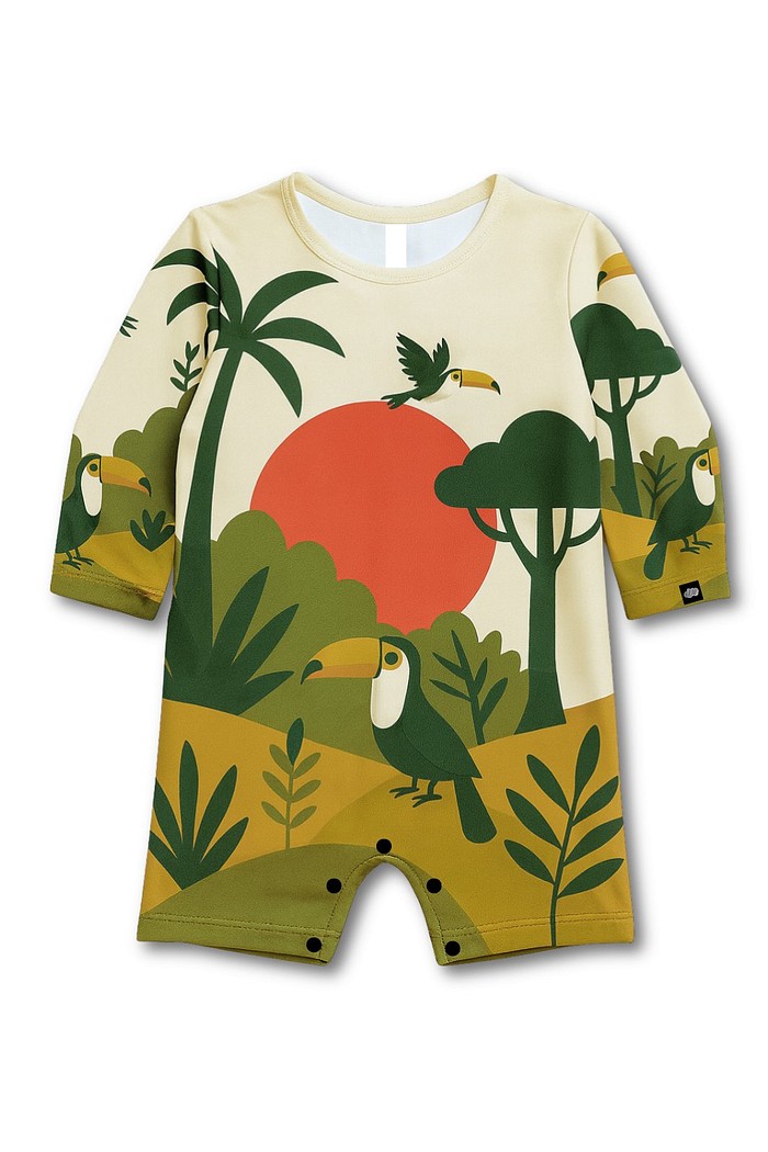 Macacão Praia Bebê Proteção Solar UV 50+ Manga Longa Off White Selva