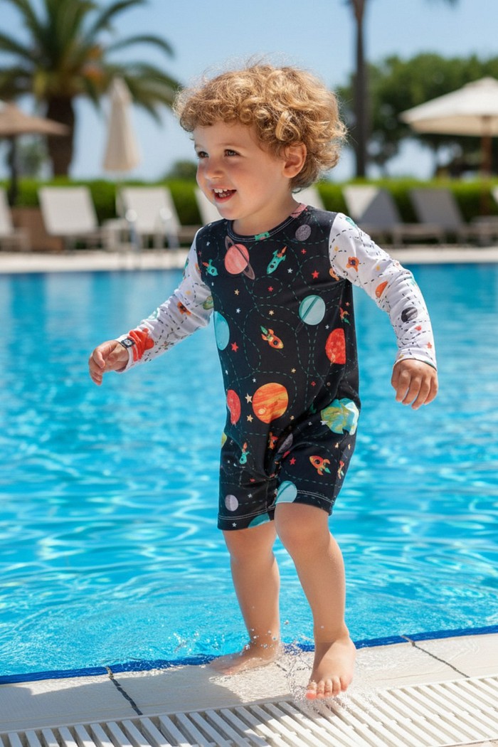 Macacão Praia Bebê Proteção Solar UV 50+ Manga Longa Preto Universo