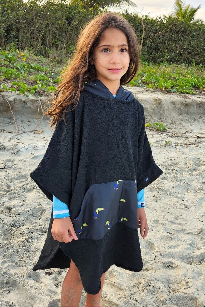 Roupão Poncho infantil 100% algodão Preto Tucanos