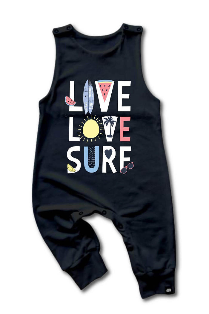 Macacão Bebê Regata Longo Preto Live, Love e Surf