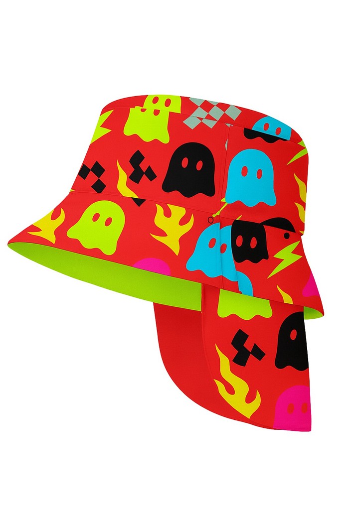 Chapéu infantil Proteção Solar UV 50+ Dupla Face Ajustável Vermelho Fantasminhas