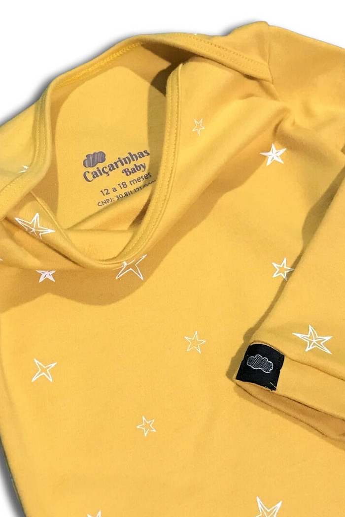 Body Bebê Manga Longa Amarelo Stars Algodão Sustentável Macio