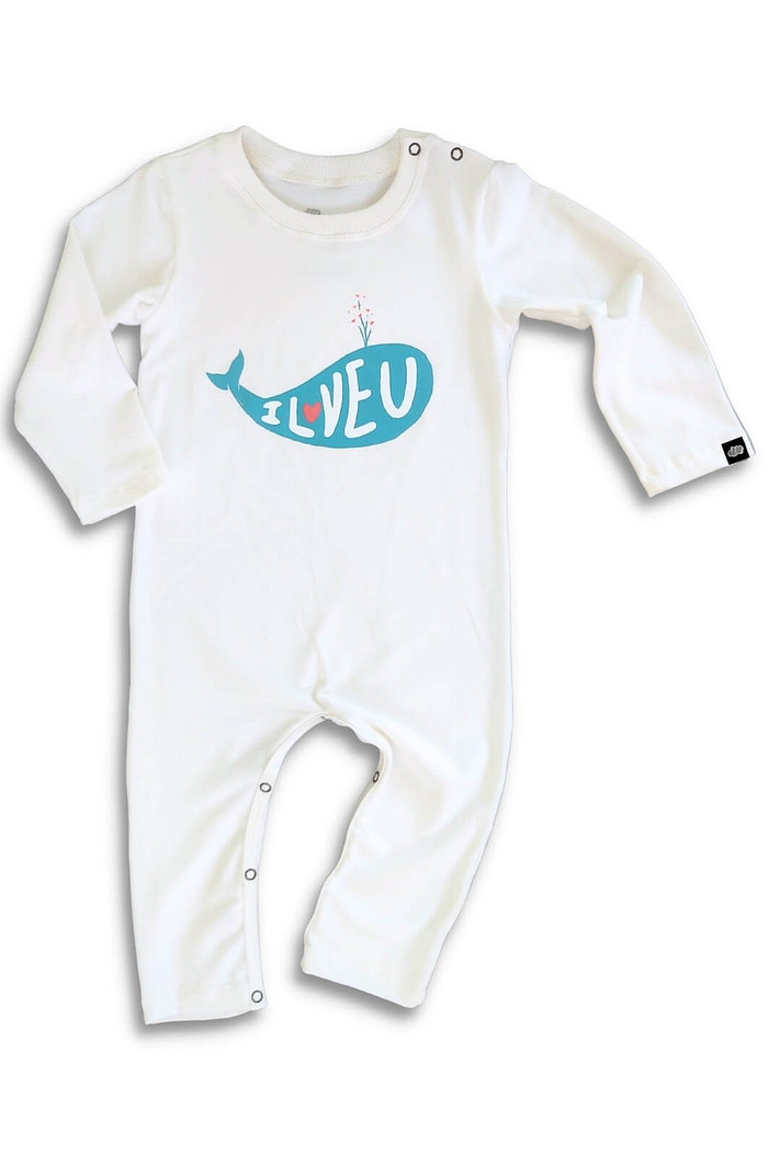 Macacão Bebê Longo Manga Longa Algodão Sustentável Confortável Baleia Off White