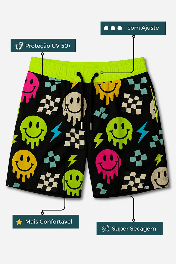 Short Infantil Tactel com ajuste na cintura UV 50+ Preto com Verde Smiles