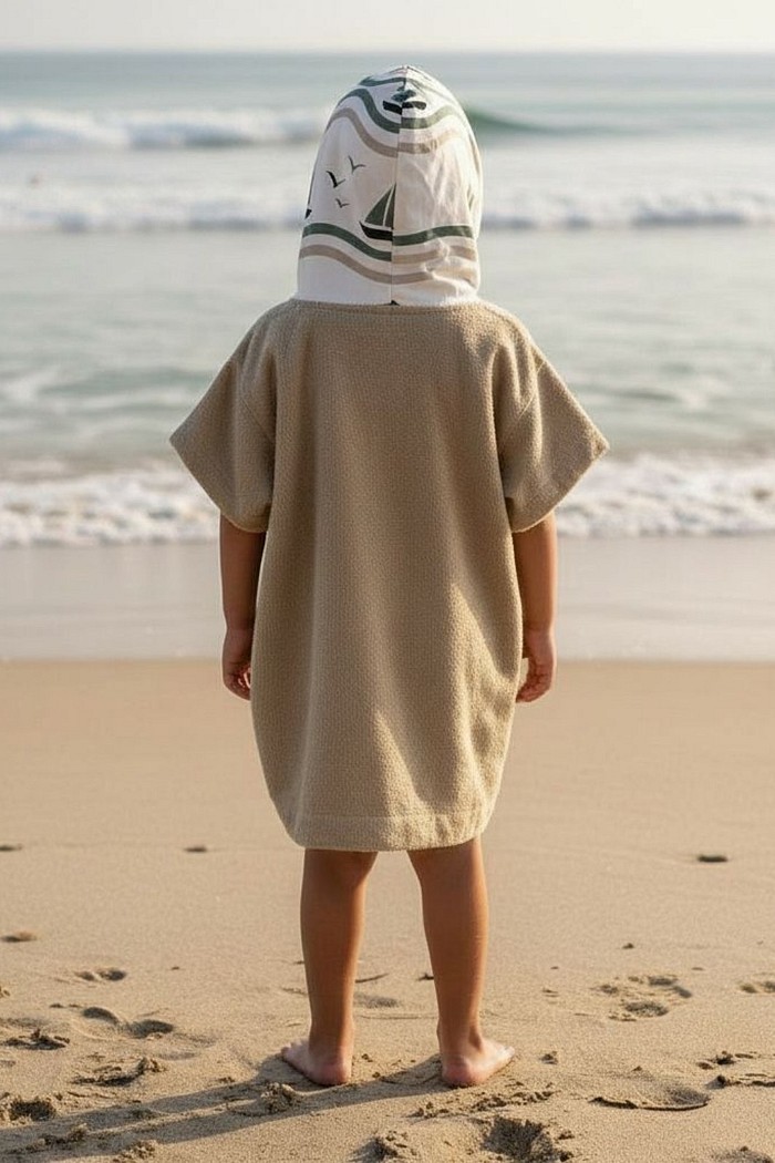 Roupão Infantil Com Capuz 100% Algodão Atoalhado Super Secagem Proteção UV50+ Areia Barquinhos
