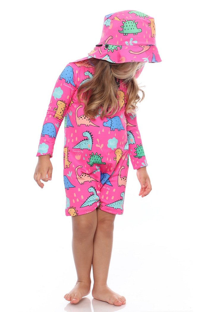 Kit Dinossauro Rosa Macacão + Chapéu Dupla Face UV 50+