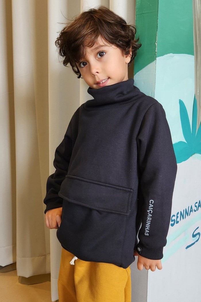 Casaco Moletom Infantil Gola Alta Preto Flanelado