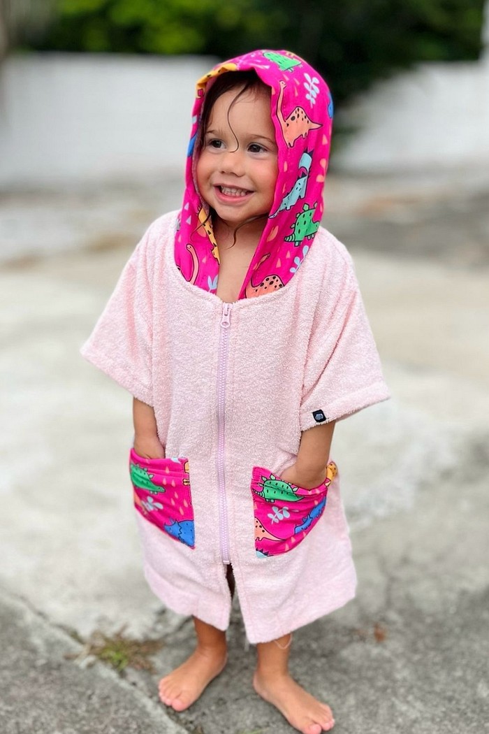 Roupão Infantil Com Capuz e Zíper 100% Algodão Super Secagem Proteção UV50+ Rosa Dinossauros