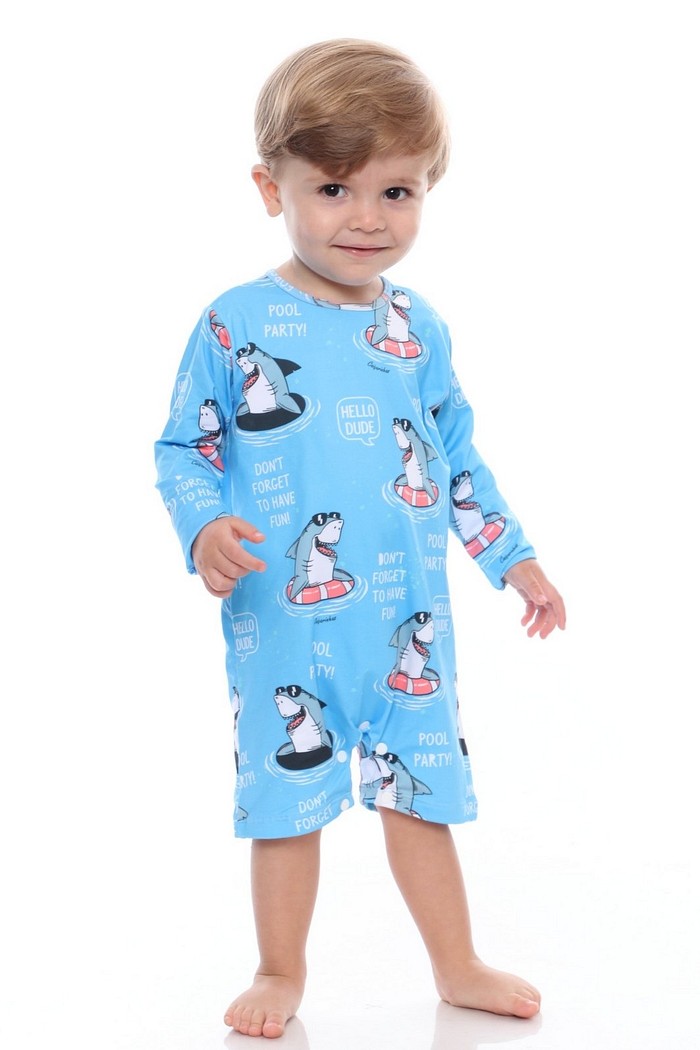 Macacão Praia Bebê Proteção Solar UV 50+ Manga Longa Azul Tubarão