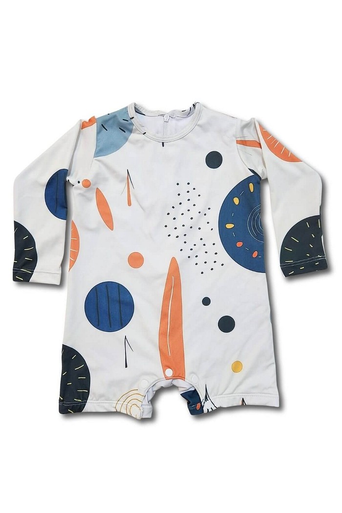 Macacão Praia Bebê Proteção Solar UV 50+ Manga Longa Off White Formas Geométricas