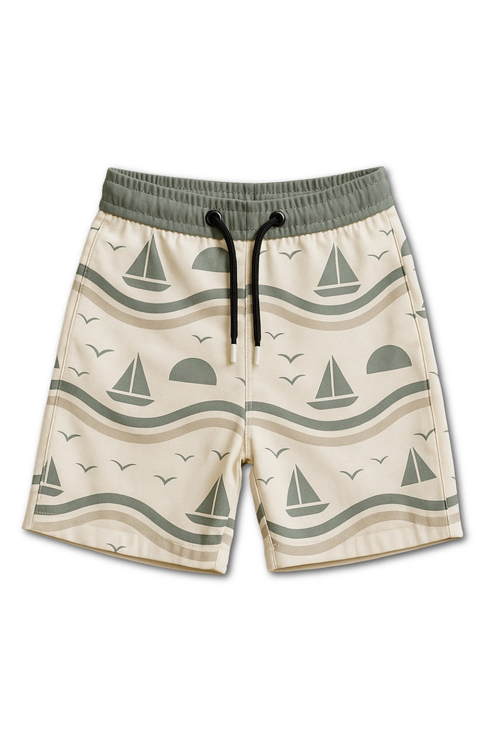 Short Infantil Tactel com ajuste na cintura UV 50+ Off White Barquinhos