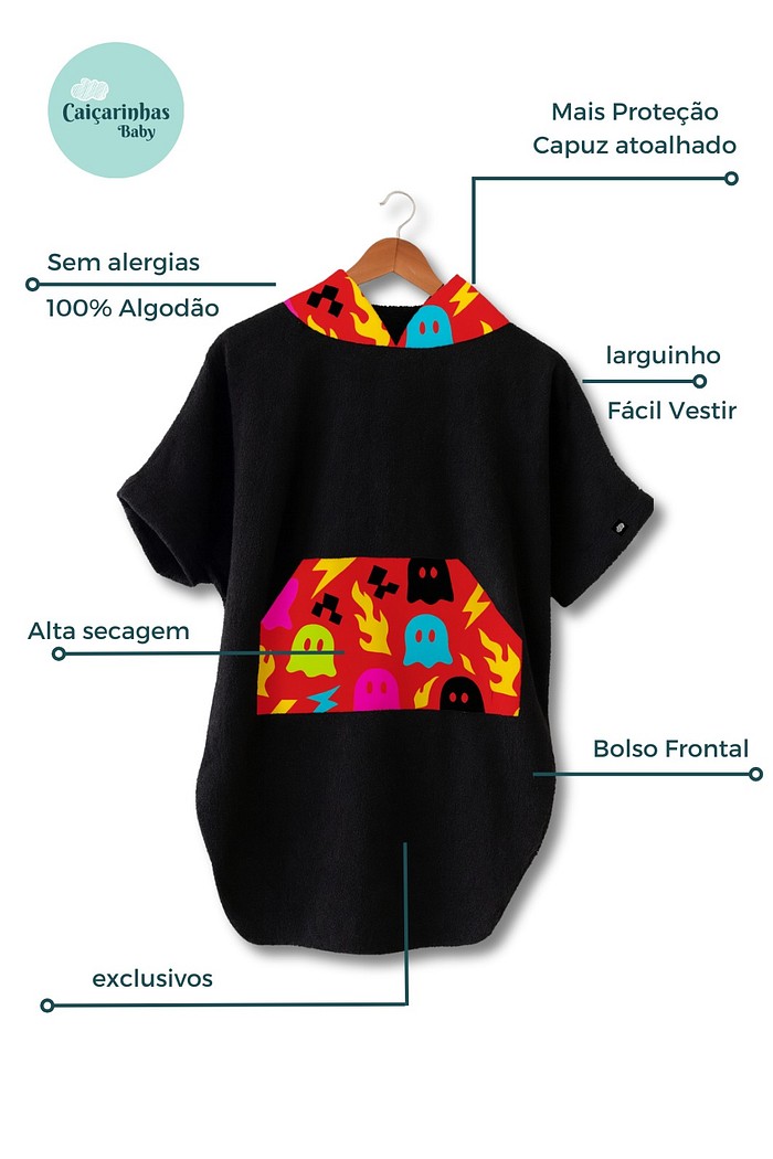 Roupão Poncho Infantil Com Capuz 100% Algodão Atoalhado Super Secagem Proteção UV50+ Preto e Vermelho Fantasminhas
