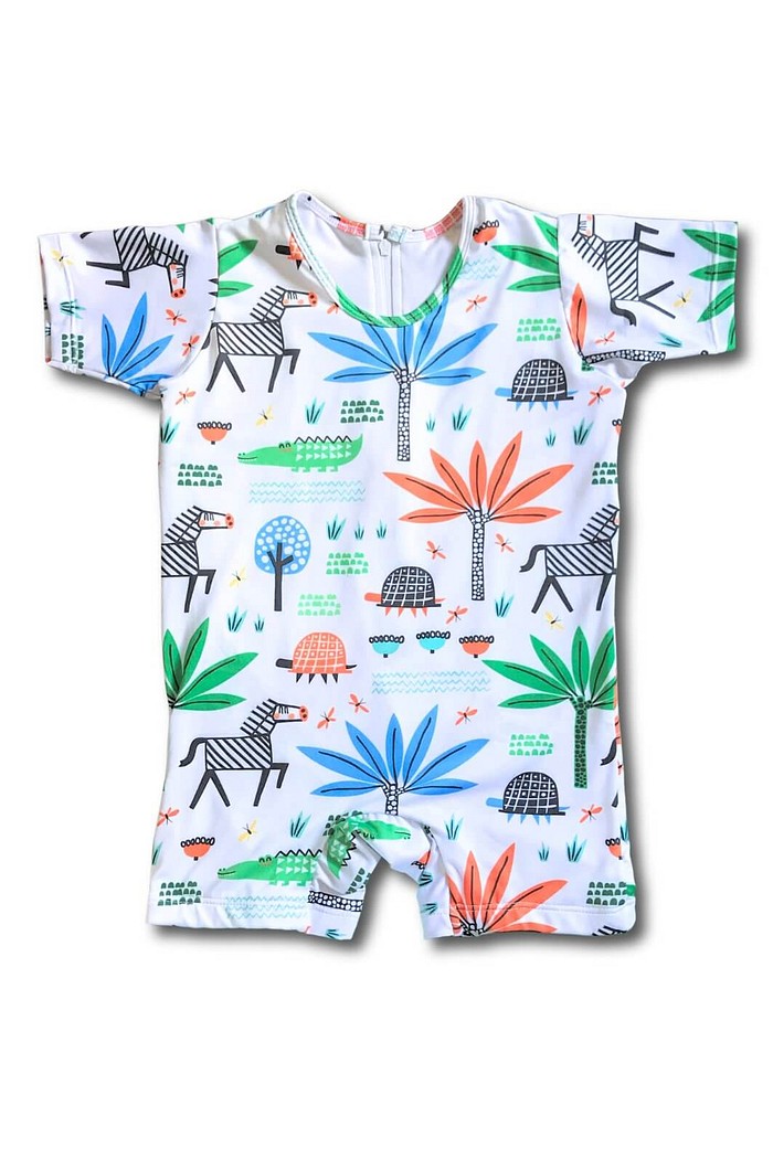 Macacão Praia Bebê Proteção Solar UV 50+ Manga Curta Branco Safari