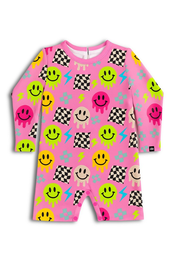 Macacão Praia Bebê Proteção Solar UV 50+ Manga Longa Rosa Smiles