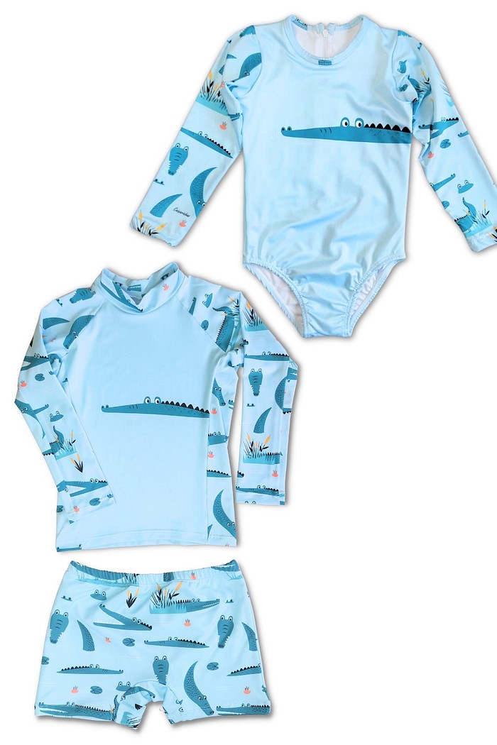 Kit Jacarés Menino Menina - Camisa + Sunga e Maiô com Proteção UV50+
