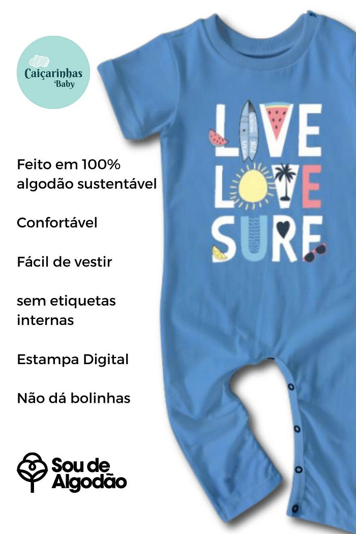 Macacão Bebê Longo Manga Curta Azul Live, Love e Surf