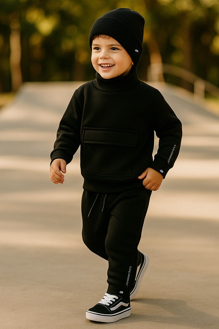 Kit Completo Preto Casaco + Calça + Touca em Moletom quentinho e confortável