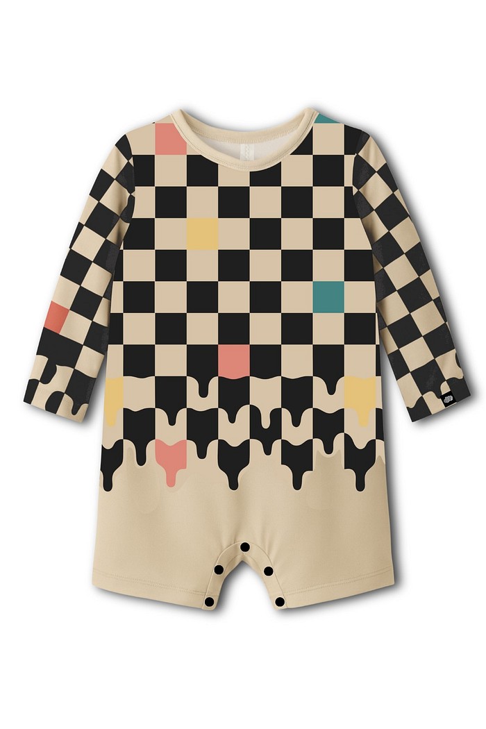Macacão Praia Bebê Proteção Solar UV 50+ Manga Longa Off White e Preto Quadriculados