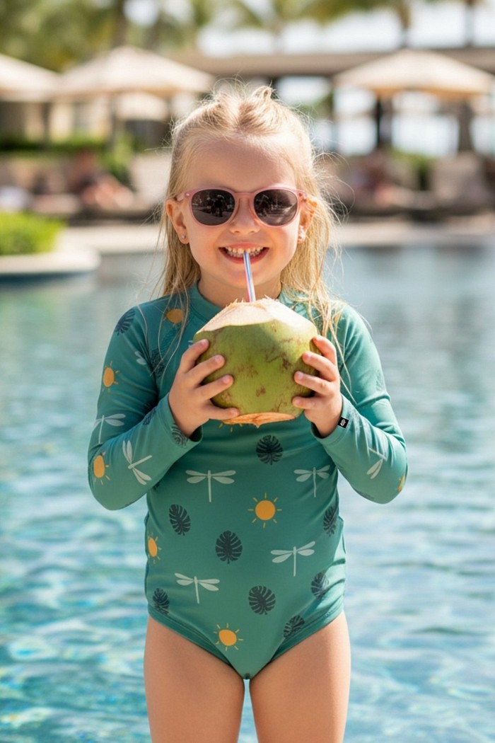 Maiô Manga Longa Proteção UV50+ Confortável Verde Libélulas