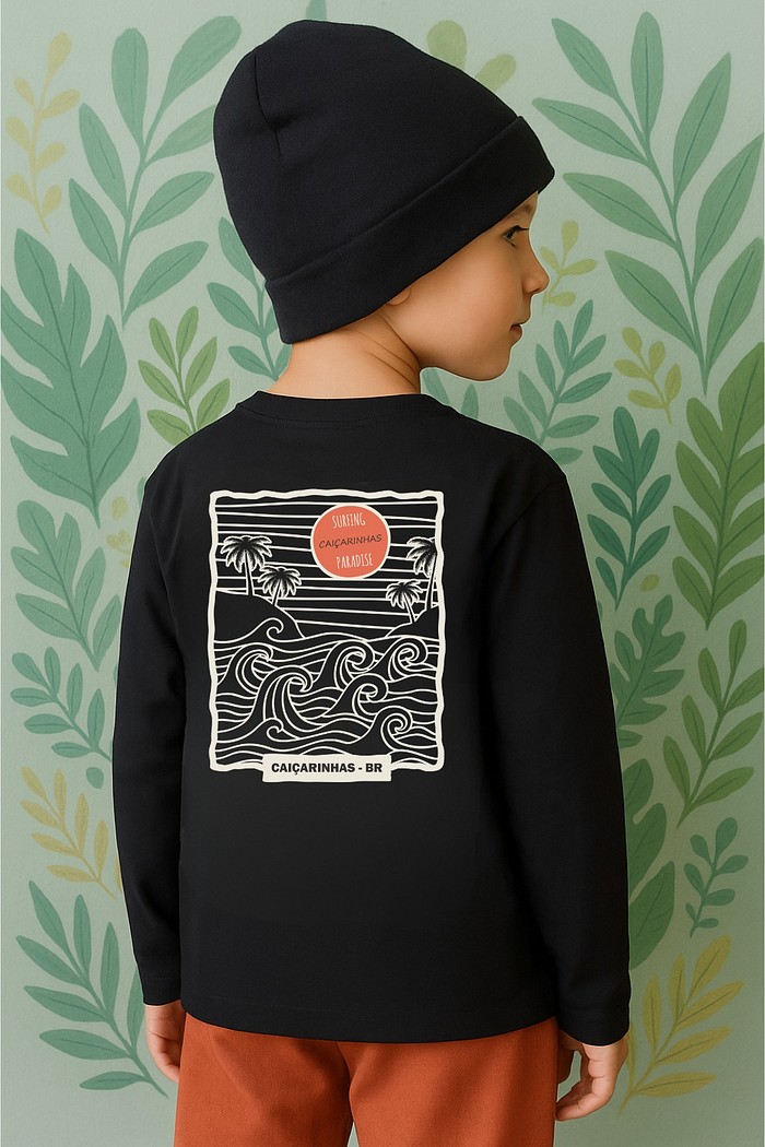 Camiseta Infantil ML Preto Surf Paradise