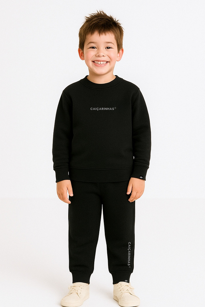 Kit Preto Caiçarinhas® Moletom Quentinho Infantil Blusão + Calça