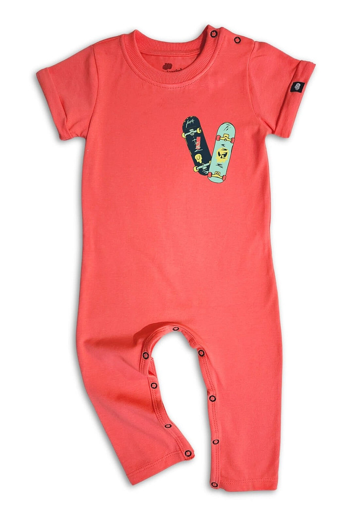 Macacão Bebê Longo Manga Curta Laranja Skateboard