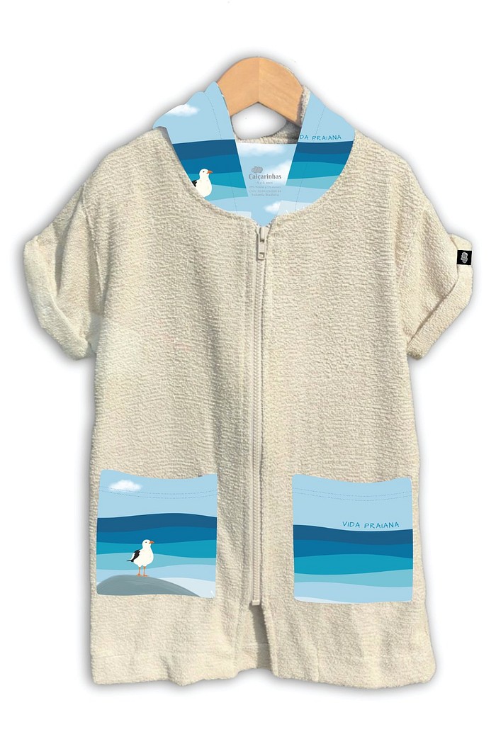 Roupão Infantil Com Capuz e Zíper 100% Algodão Super Secagem Proteção UV50+ Areia Vida Praiana