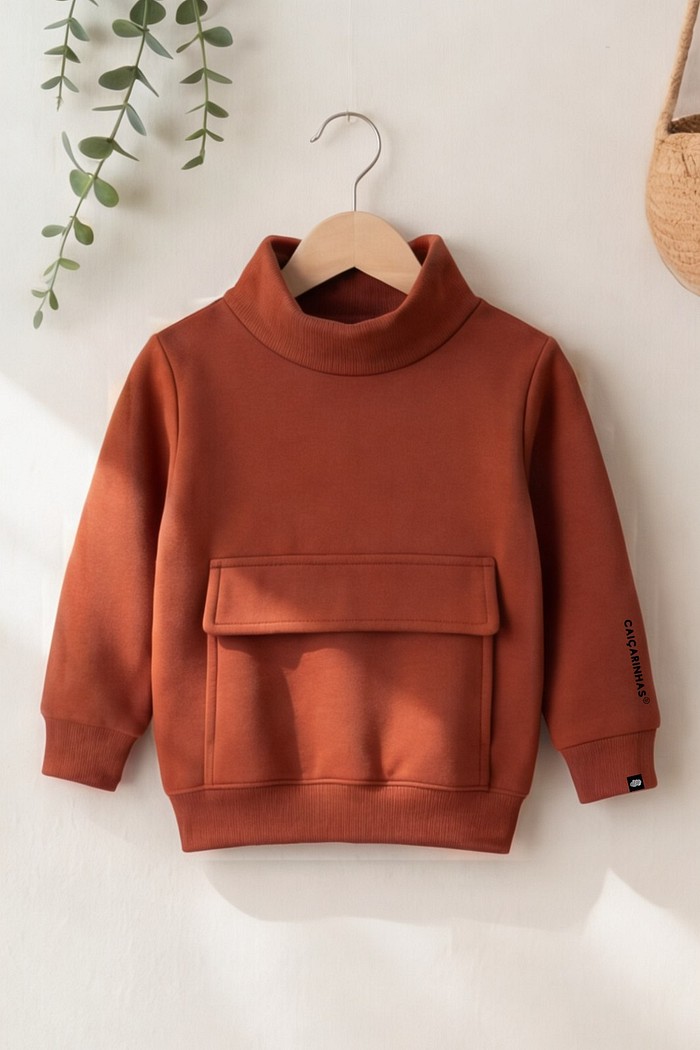 Casaco Moletom Infantil Gola Alta Flanelado Terra Cota