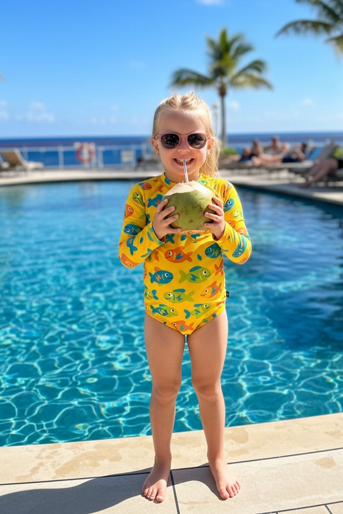 Maiô Manga Longa Proteção UV50+ Confortável Amarelo Peixinhos