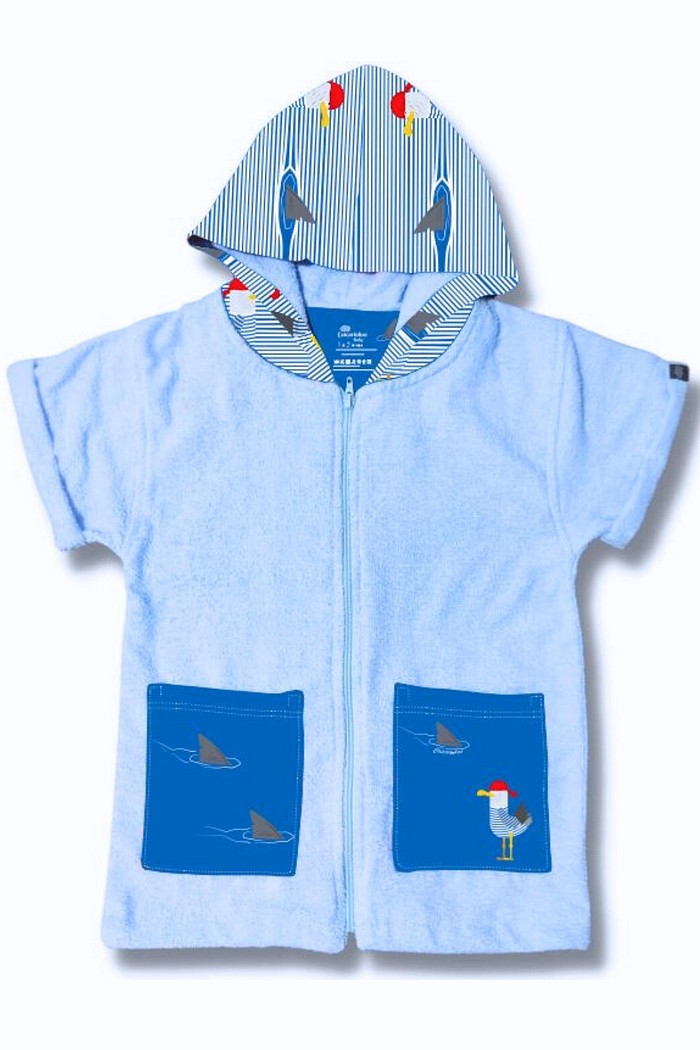 Roupão Infantil Com Capuz e Zíper 100% Algodão Super Secagem Proteção UV50+ Azul Gaivota Danger