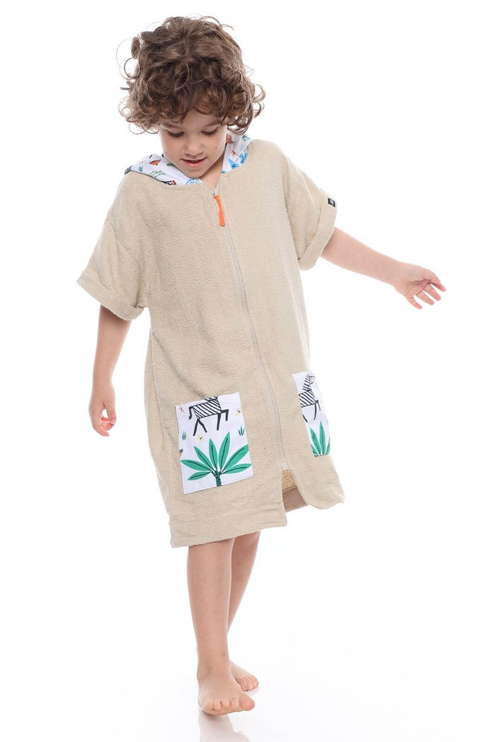 Roupão Infantil Com Capuz e Zíper 100% Algodão Super Secagem Proteção UV50+ Areia Safari