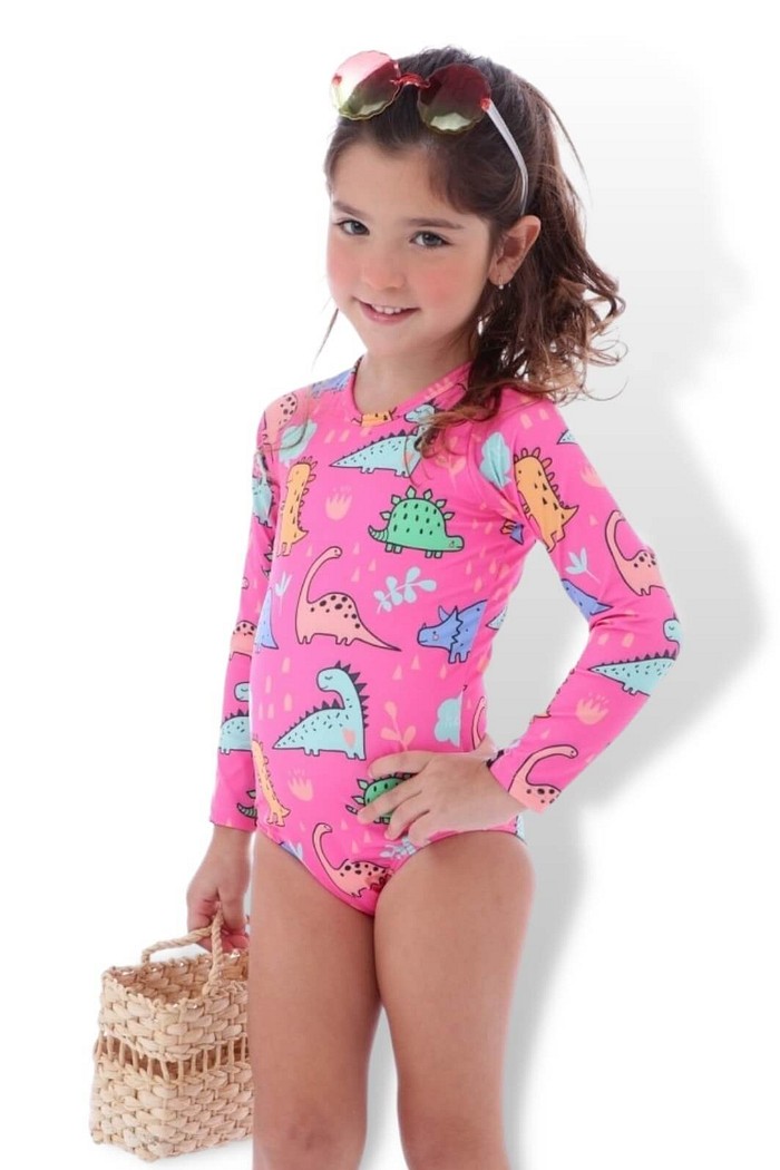 Maiô Infantil Proteção Solar UV 50+ Manga Longa e Zíper nas Costas Rosa Dino