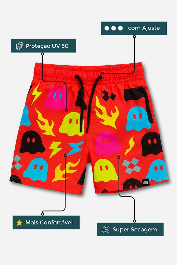 Short Infantil Tactel com ajuste na cintura UV 50+ Vermelho Fantasminha