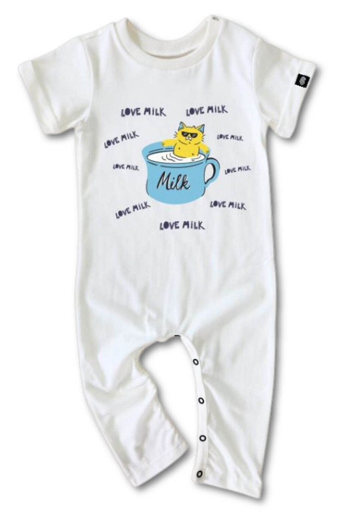 Macacão Bebê Longo Manga Curta Off White Love Milk