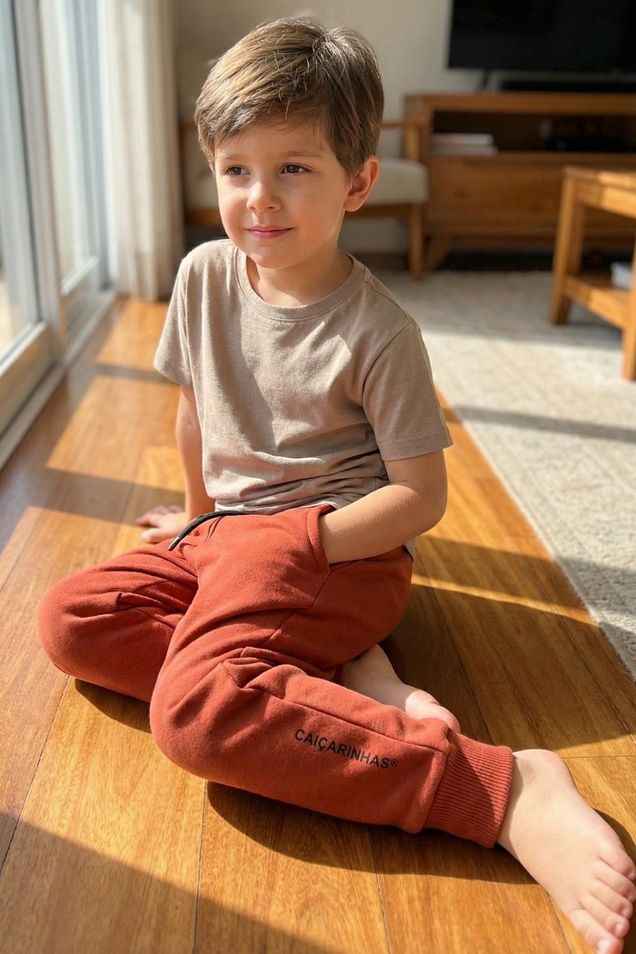 Calça Infantil Jogger Terra Cota Caiçarinhas com Ajuste na Cintura e Moletom Flanelado