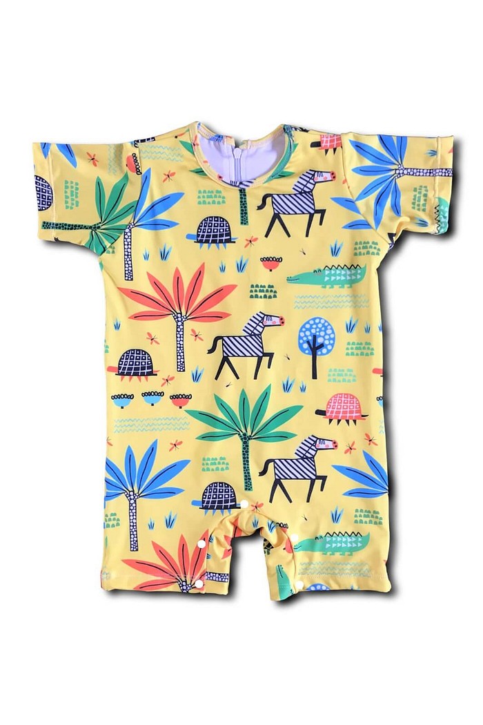 Macacão Praia Bebê Proteção Solar UV 50+ Manga Curta Amarelo Safari