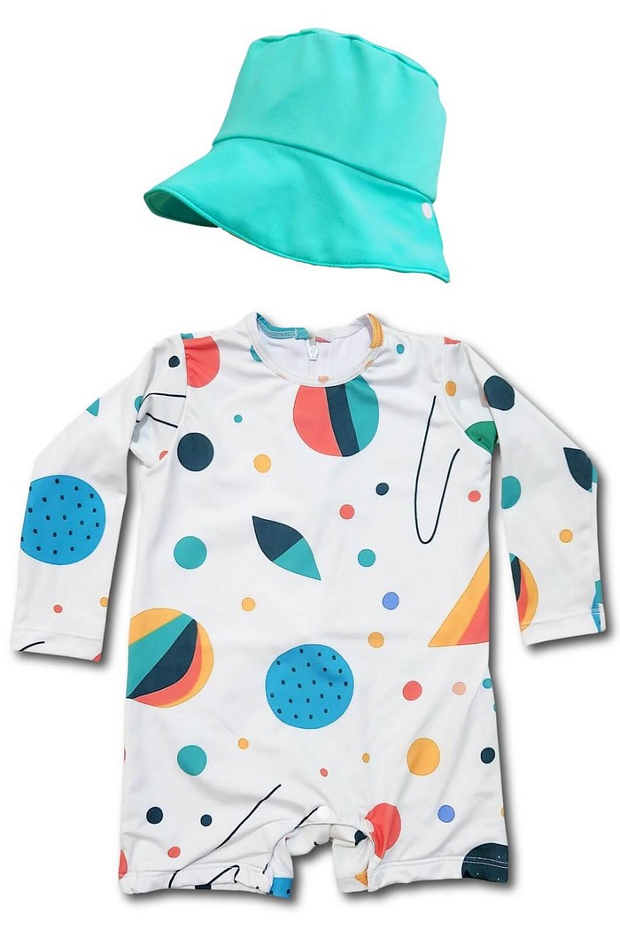 Kit Geométrico Macacão e Chapéu proteção UV 50+