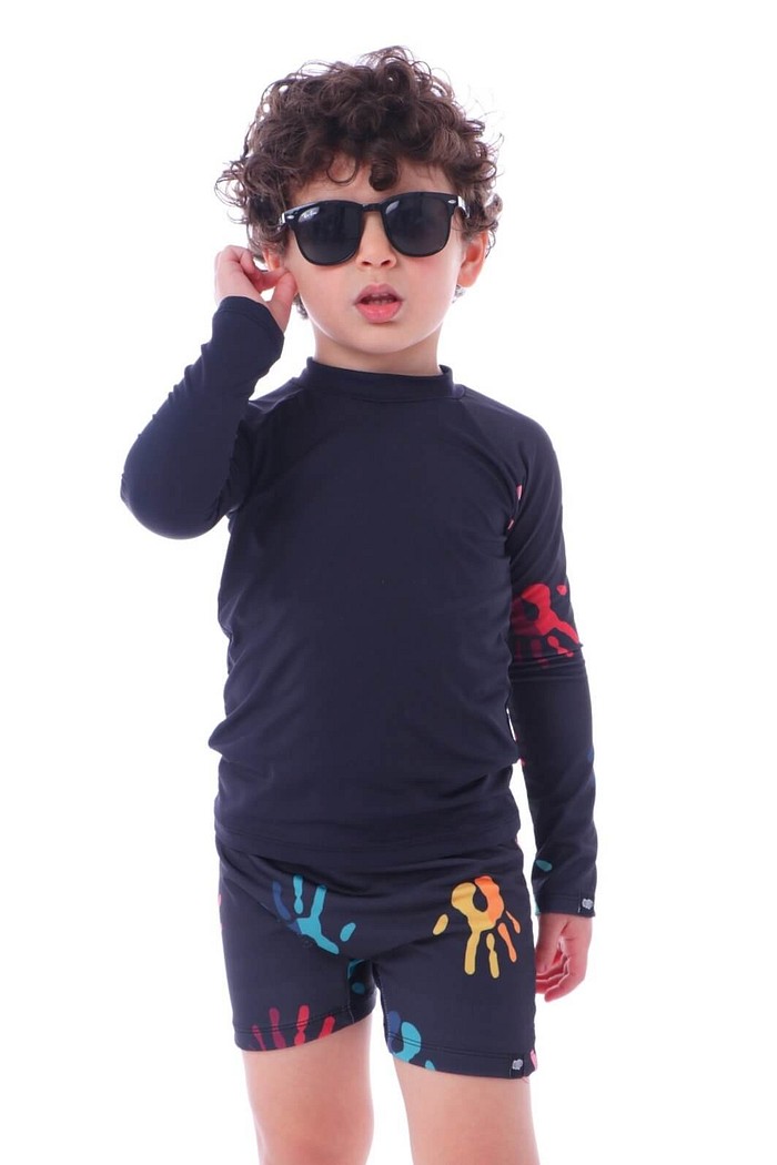 Camisa Proteção Uv 50+ Infantil + Sunga Preto Mãozinhas