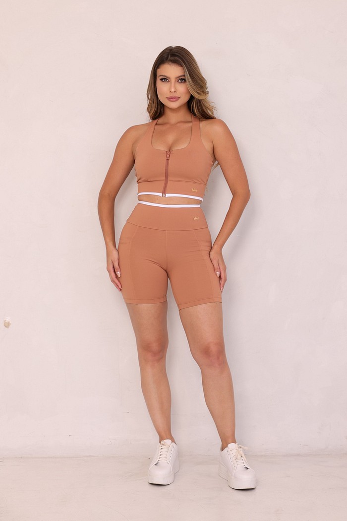 CONJUNTO FITNESS TOP E BERMUDA - MOCHA MOUSSE