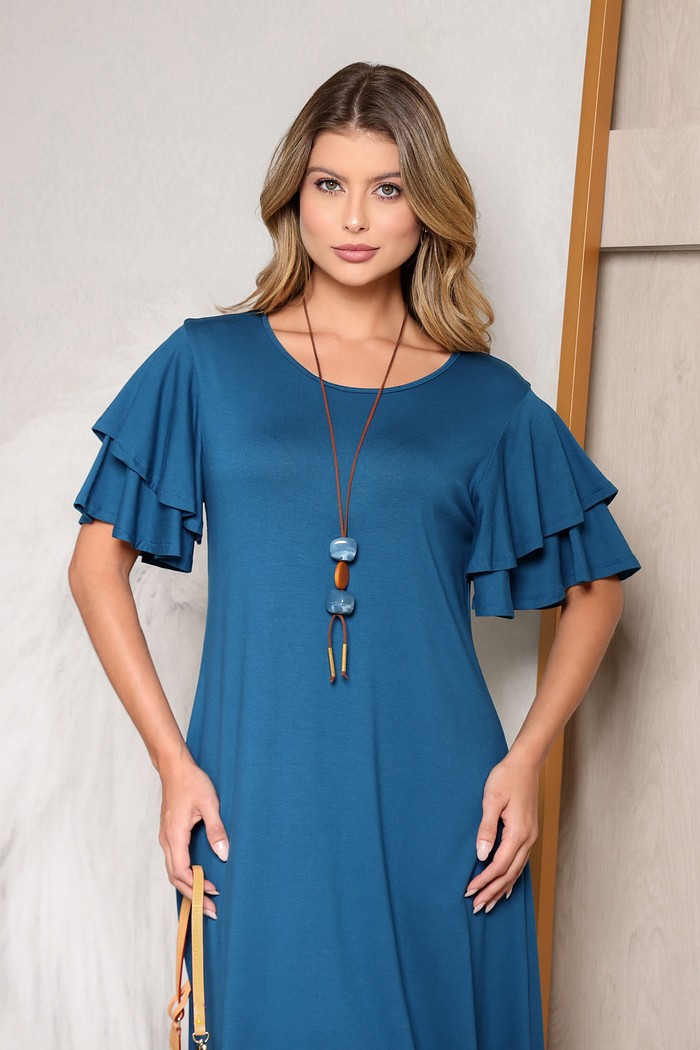 VESTIDO MANGA BABADOS - AZUL PETRÓLEO