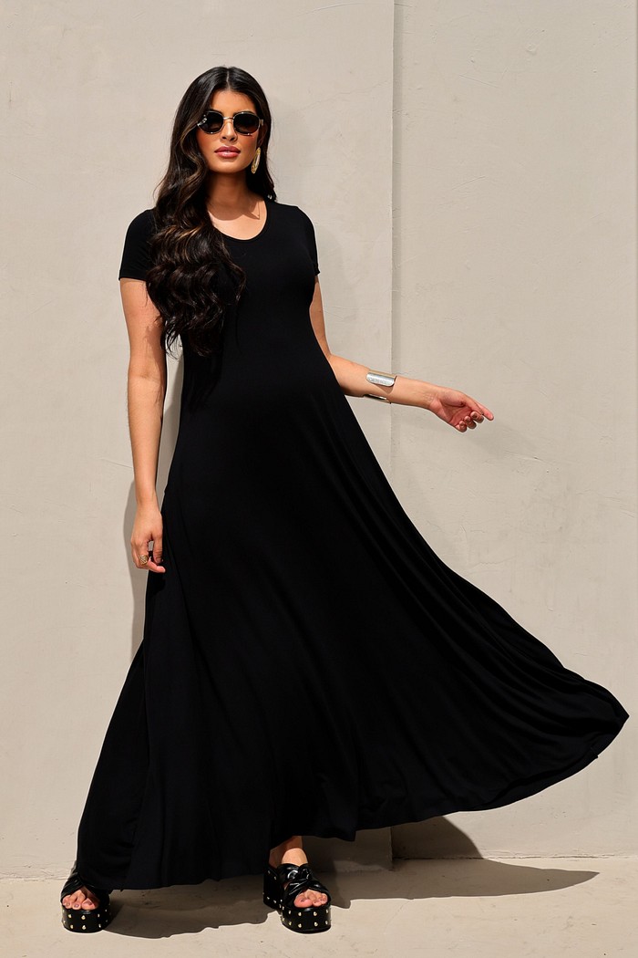 VESTIDO LONGO COM MANGA - PRETO