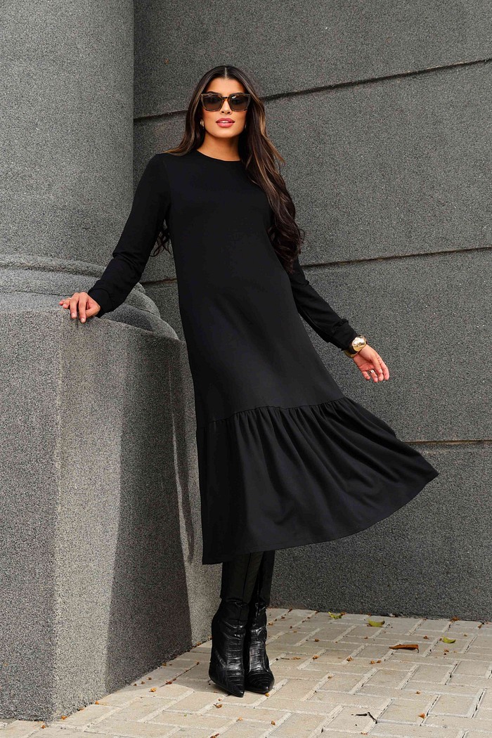 VESTIDO BARRA FRANZIDA  MIDI MANGA LONGA - PRETO